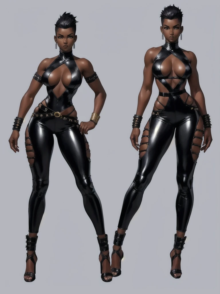 ((best quality)), ((4k)), ((highres)), ((masterpiece:1.2)). ((detailed)), ((ultra realistic)), ((intricate details)), ((full body picture)), ((solo character)), a full body picture of a beautifull Ebony skinned female, black woman, dark skin, perfect face, detailed eyes, detailed lips, about 25 years old, about 5'6 ft. tall, punk black woman, punk style, punk styled hair, side shaved hair ((emphasis on her side shaved hair)), muscular body, hourglass body type, dressed in a golden top and black leather pants, high heels, fighting game character concept art, tekken character design, the king of fighters character concept, full bofy, full body concept art, full body art