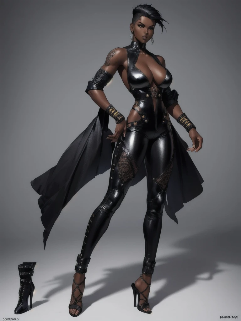 ((best quality)), ((4k)), ((highres)), ((masterpiece:1.2)). ((detailed)), ((ultra realistic)), ((intricate details)), ((full body picture)), ((solo character)), a full body picture of a beautifull Ebony skinned female, black woman, dark skin, perfect face, detailed eyes, detailed lips, about 25 years old, about 5'6 ft. tall, punk black woman, punk style, punk styled hair, side shaved hair ((emphasis on her side shaved hair)), muscular body, hourglass body type, dressed in a golden top and black leather pants, high heels, fighting game character concept art, tekken character design, the king of fighters character concept, full bofy, full body concept art, full body art