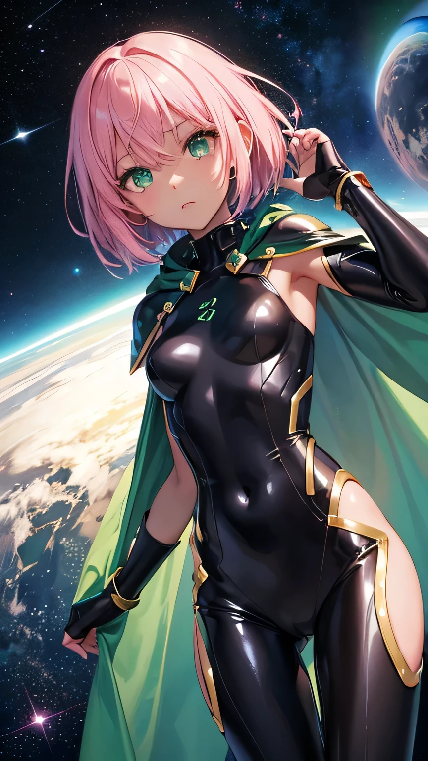 highest quality、Realistic、girl、zoom、Emerald green eyes、Pink Short Hair、Hero Suit、Glossy bodysuit、Cape、Brown black skin、slender、Dark Skin、Small breasts、Bust Shot、From below、universe space