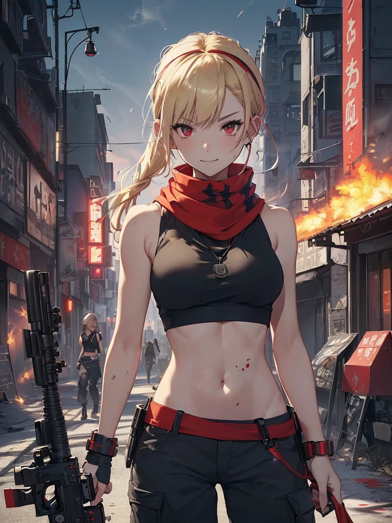top-quality、Top image quality、masterpiece、girl with((18year old、Blue navel tank top、Military pants、Best Bust、Bust 90、Blonde Away Tail、Red Eyes、open chest wide、Valley、Happiness、A slender、ssmile、black bandana、Holding a entire shooting revolver in your right hand, Earphone jack in ear、Red Body Paint、Shooter、Black scarf、dog tag、a little muscular、nffsw、Point the gun forward、Smoke))hiquality、Beautiful Art、Background with((Survival Games、Burning smoke、drone、Night city))、masutepiece、Elaborate design、visualart、