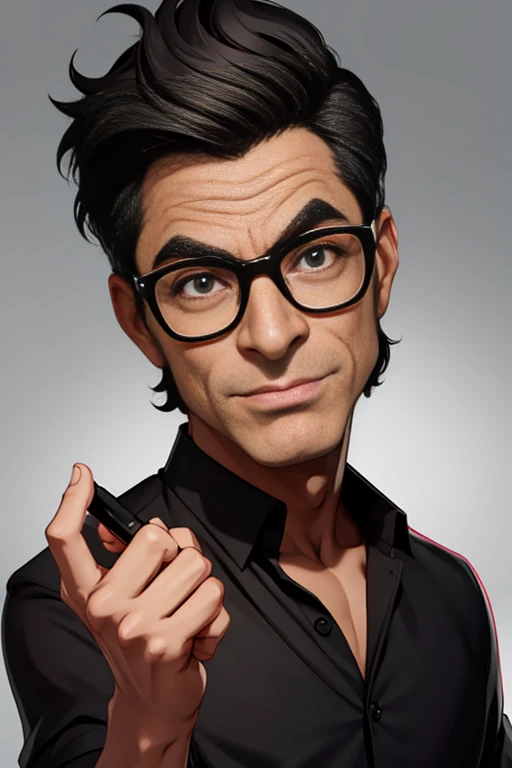8k, cartoon man with glasses and a black shirt standing in front of a gray background, in cartoon style, cartoon artstyle, caricature style, cartoon digital art, caricature illustration, toon rendering, digital art cartoon, cartoon portrait, cartoon digital painting, charicature, harry volk clip art style, caricature!!!, high detailed cartoon, cartoon image, caricatural