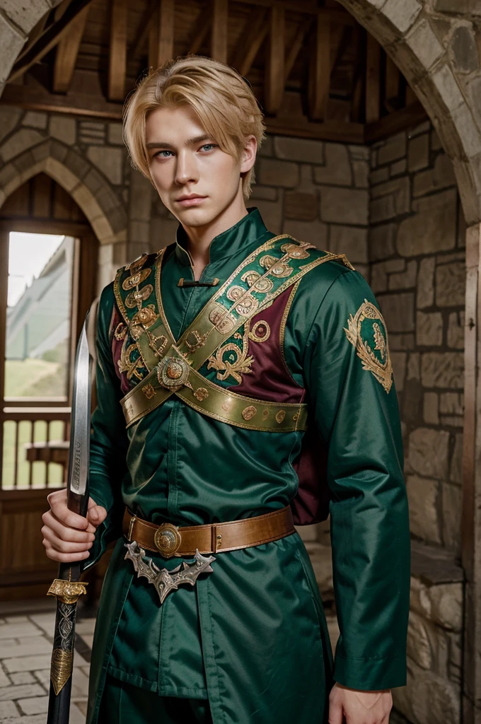 Manhwa, 20 years old man, blonde hair, anime, green eyes, short hair, muscular, wearing medieval royal suit, royalty, holding sword, upfront, illustration, royalty clothes, in castle, hero, stern expression, half body, caucassian, anime, anime style, anime boy