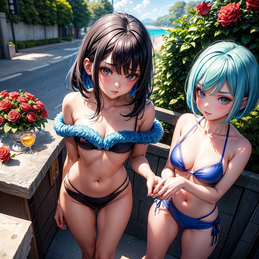 Chica1：BULMA、mischievous look，blue fur，bob cut，informal、Kisses with roses of lips staring intently、 ilo bikini clothing, Now、
girl 2：He saw, mischievous look，long black hair，informal。Kisses with roses of lips 、ilo bikini clothing, Now