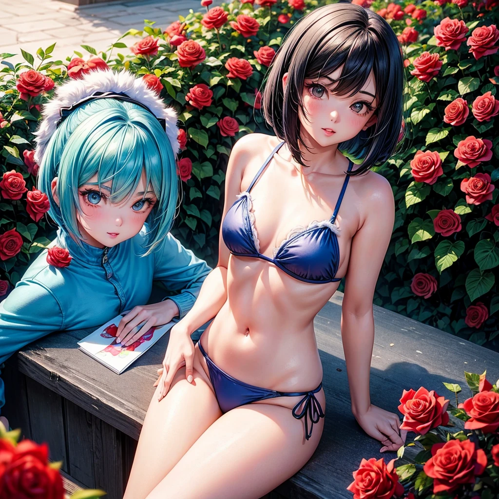 Chica1：BULMA、mischievous look，blue fur，bob cut，informal、Kisses with roses of lips staring intently、 ilo bikini clothing, Now、
girl 2：He saw, mischievous look，long black hair，informal。Kisses with roses of lips 、ilo bikini clothing, Now