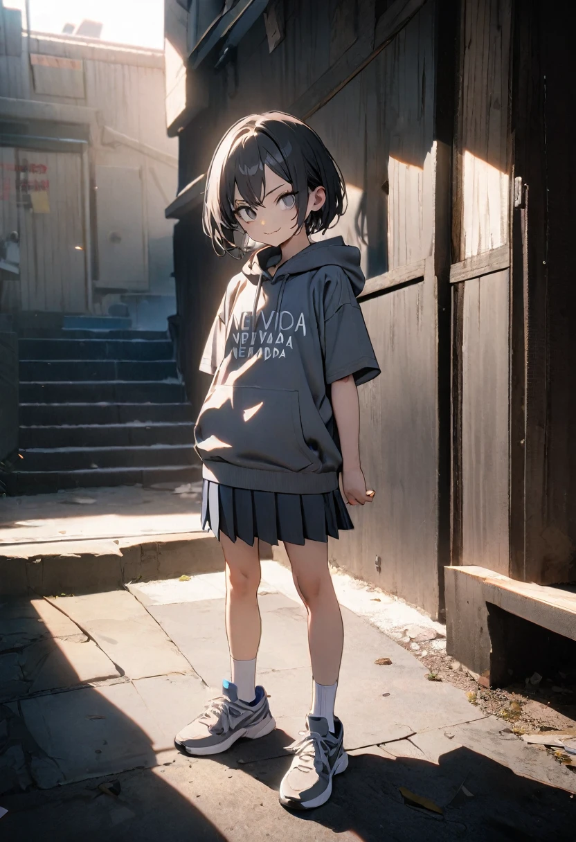 (8K, best quality, master piece: 1.2),Ultra High Resolution,1 girl,,ultra-detailed face, detailed eyes,Tsurime Eyes,(smirk),dark gray short sleeve Hip Length hoodie(dark gray:1.4), (Written on hoodie text:"NEVADA":1.5),navy pleated skirt,white socks,sneakers,full body,black hair,short hair,rim light,(standing straight on the stairs of the apartment complex)