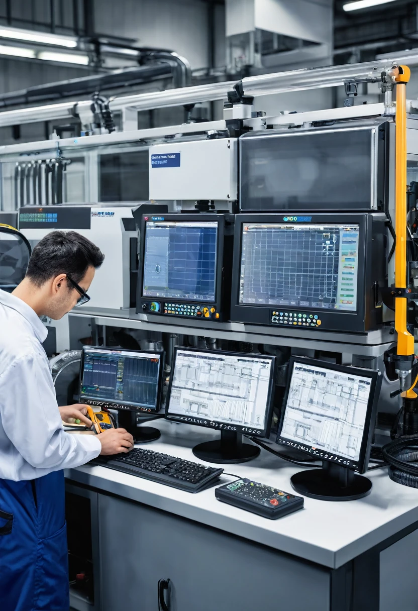 Create a picture of a modern factory where machine operators are working at different stations. Show high-tech industrial machines in operation, with digital control screens and control panels. Include a machine operator focused on adjusting the settings of a CNC (Computer Numerical Control) machine. In another part of the image, depict a quality control inspector examining a part with precise measuring tools, such as a micrometer or a digital caliper, on a well-lit, organized workbench. The environment should be clean and well-lit, highlighting the efficiency and precision of the manufacturing process.