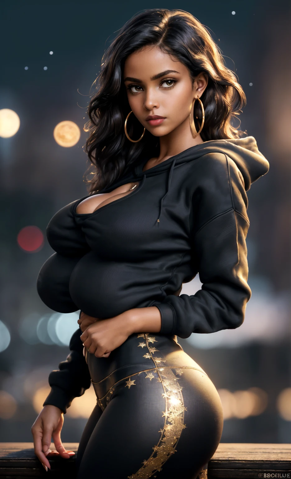 (masterpiece), (extremely intricate:1.3), (realistic), portrait of a black girl, huge and perfect breasts, heaving bosom, the most beautiful in the world, dark eyebrows, wavy brunette hair, doe eyes, innocent look, (wearing sweatshirt:1.1), leggings, perfect ass, detailed textures, upper body, outdoors, starry night, full moon, heavy makeup, gold hoop earrings, extra breasts, professional photograph of a stunning woman detailed, looking at the camera, alluring stare, detailed eyes, sharp focus, dramatic, award winning, cinematic lighting, octane render  unreal engine,  volumetrics dtx, (film grain, blurry background, blurry foreground, bokeh, depth of field, motion blur:1.3)