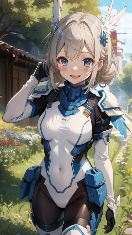 (master piece, Best Quality), Intricate details, valkyrie, kawaii, Happy smile, (((Laugh))), Hand up, Looking at Viewer, Feather Headgear, flower meadow,
1 girl in, Solo, Portrait, Tentacle plutinum blonde hair, single braid, single thighhigh, Independent single sleeve, gloves,
mecha musume, White bodysuit, Silver Reinforced Suit, silver pantyhose, full armor,