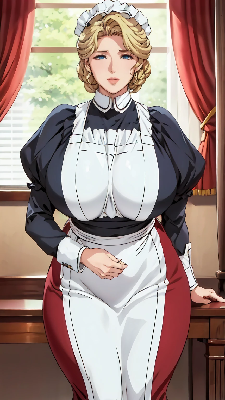 Maria_VM, VIctorian_Maid_Uniform,(masterpiece:1.2, best quality), realistic, (real picture, intricate details, depth of field), (1girl, solo),(mature female), 40 year old woman, make up, smiling , red lips, parted lips, highly-detailed, gorgeous perfect face, huge breasts, sagging breasts, (skindentation), (wide hips), (thick thighs), [big ass], average waist, tall, Luscious red lips, thick lips, (Voluminous blonde hair) , beautiful blue eyes, maid uniform, maid cap, maid apron,, earrings, sexy, blushing, (Adult Temptress) Voluptuous, Curvy, indoors, mansion, curtains, window, luxury bed, oda non, hand on own face, head tilt