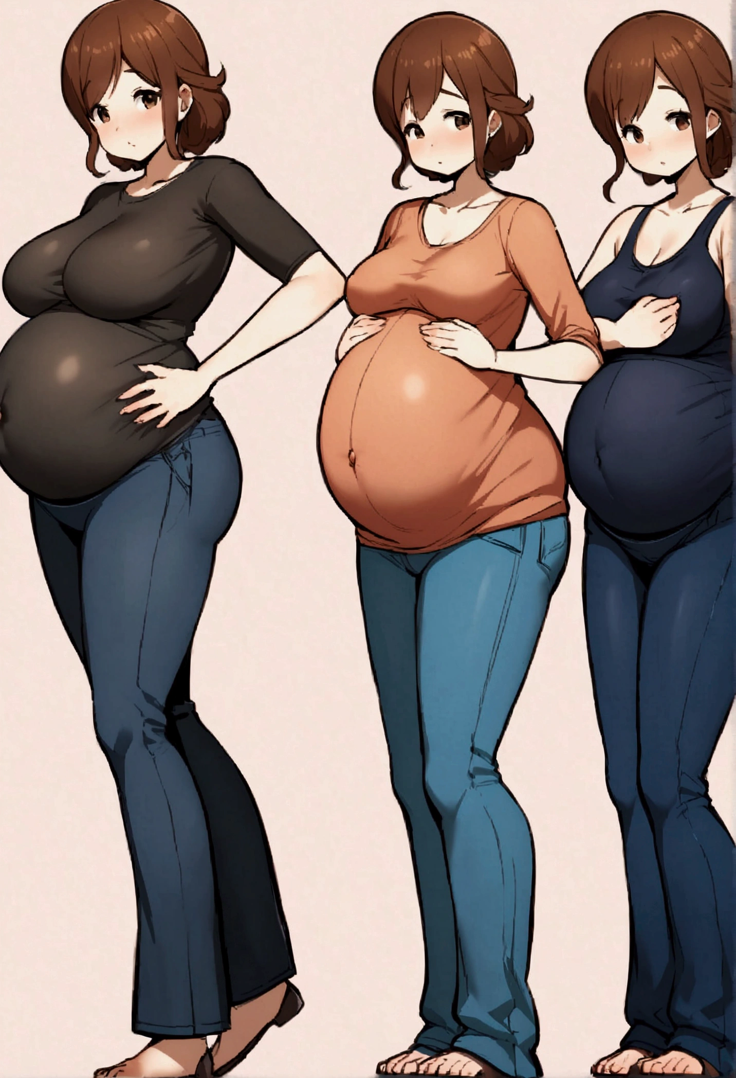 Anna finishes dressing you in the maternity jeans and a loose, comfortable top, accentuating your exaggerated belly. You now resemble a heavily pregnant woman, with a massive, round stomach pushing against your clothing. The maternity jeans hug your curvy figure, while the loose top creates a soft, feminine silhouette. Long brown hair and extremely pregnancy liek you have quadruplets