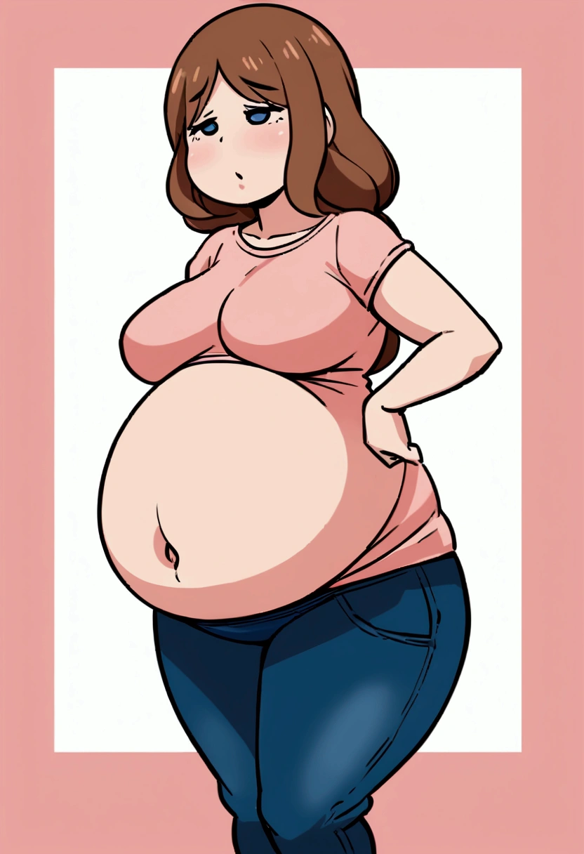Anna finishes dressing you in the maternity jeans and a loose, comfortable top, accentuating your exaggerated belly. You now resemble a heavily pregnant woman, with a massive, round stomach pushing against your clothing. The maternity jeans hug your curvy figure, while the loose top creates a soft, feminine silhouette. Long brown hair and extremely pregnancy liek you have quadruplets