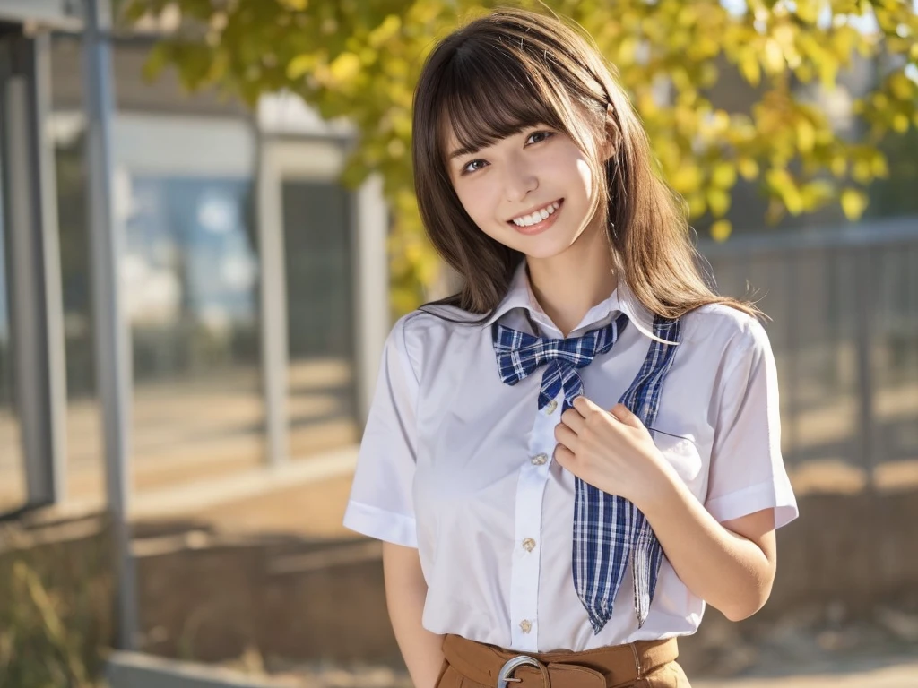 One Girl, (服の上からでもわかるVery large breasts、School white summer shirt、school summer uniform、Beautiful girl, Delicate girl:1.3), (24-years-old:1.3),（Smiling with teeth showing、Cute smiling eyes、Cute loose perm、Braid only the bangs、Fluffy hair、Medium Short Hair、Wrapping a leather belt、Wear a checked miniskirt、Round and ample breasts、Curved waist、Photo from the waist up:1.4）
Very beautiful eyes, (School uniforms:1.3), (Very large breasts:0.5), Brown eyes, Parted bangs, Light brown hair,
, (:1.0),
, (masterpiece, Highest quality, Super detailed, Detailed face, 8k)