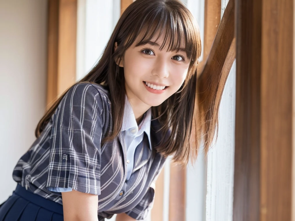 One Girl, (服の上からでもわかるVery large breasts、School white summer shirt、school summer uniform、Beautiful girl, Delicate girl:1.3), (24-years-old:1.3),(Smiling with teeth showing、Cute smiling eyes、Cute loose perm、Braid only the bangs、Fluffy hair、Medium Short Hair、Wrapping a leather belt、Wear a checked miniskirt、Round and ample breasts、Curved waist、Photo from the waist up:1.4)
Very beautiful eyes, (School uniforms:1.3), (Very large breasts:0.5), Brown eyes, Parted bangs, Light brown hair,
, (:1.0),
, (masterpiece, Highest quality, Super detailed, Detailed face, 8k)