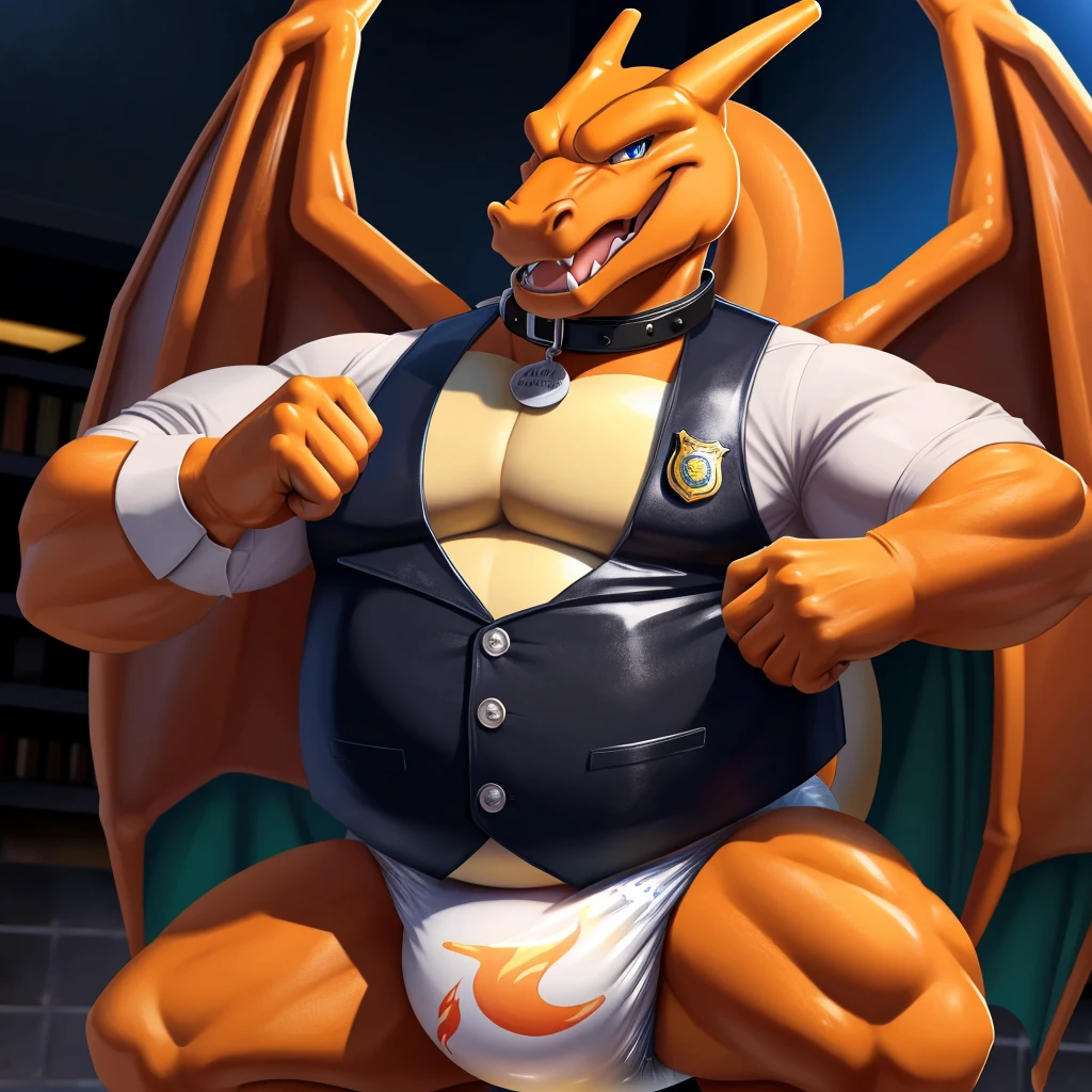 Solo, Male, fat, squatting, extremely obese, gentleman, dapper Charizard, pooping in diaper, blue eyes, (soft shading), 4k, hi res, ((detailed face, detailed)), looking at viewer, evil grin, police station, collared shirt with buttons, hat, male focus, Police Uniform, glasses, monocle, vest with buttons, sleeves rolled up, round eyewear, headwear, vest, Charizard is wearing a glossy leather dog collar around the neck, Charizard is wearing the leather collar and shirt and vest at the same time, Charizard is wearing glossy white rubber gloves on the hands, wearing white rubber gloves on the feet, gloves are rubber in texture, mouth wide open, evil laugh, clenching fists, leather collar is glossy and shiny with a lot of detail, Charizard is wearing gloves and leather collar at the same time, leather collar has a round dog-tag, leather collar is thick and detailed, white rubber gloves on the feet, Charizard is wearing gloves and leather collar at the same time, leather collar has a round dog-tag, leather collar is thick and detailed, leather collar is glossy and shiny, fancy clothing, dapper vest, dapper shirt, leather collar is thick, glossy leather collar, Charizard is wearing a dirty diaper