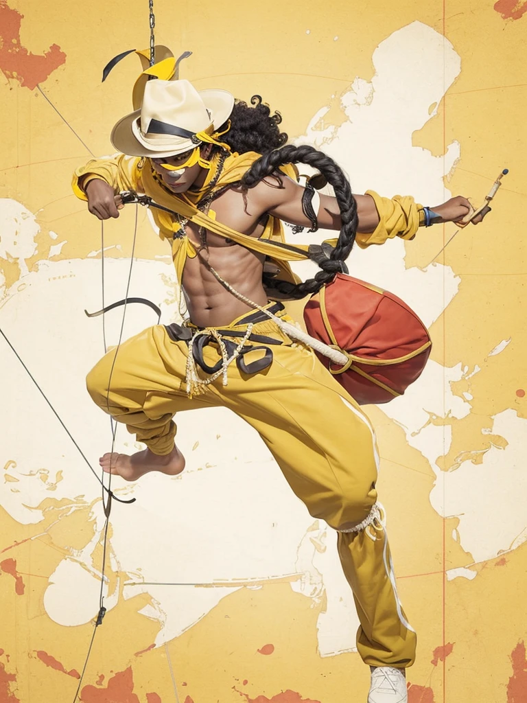 A dark-skinned boy with curly black hair, with yellow pants, holding a large slingshot in his hands, with hat on head.