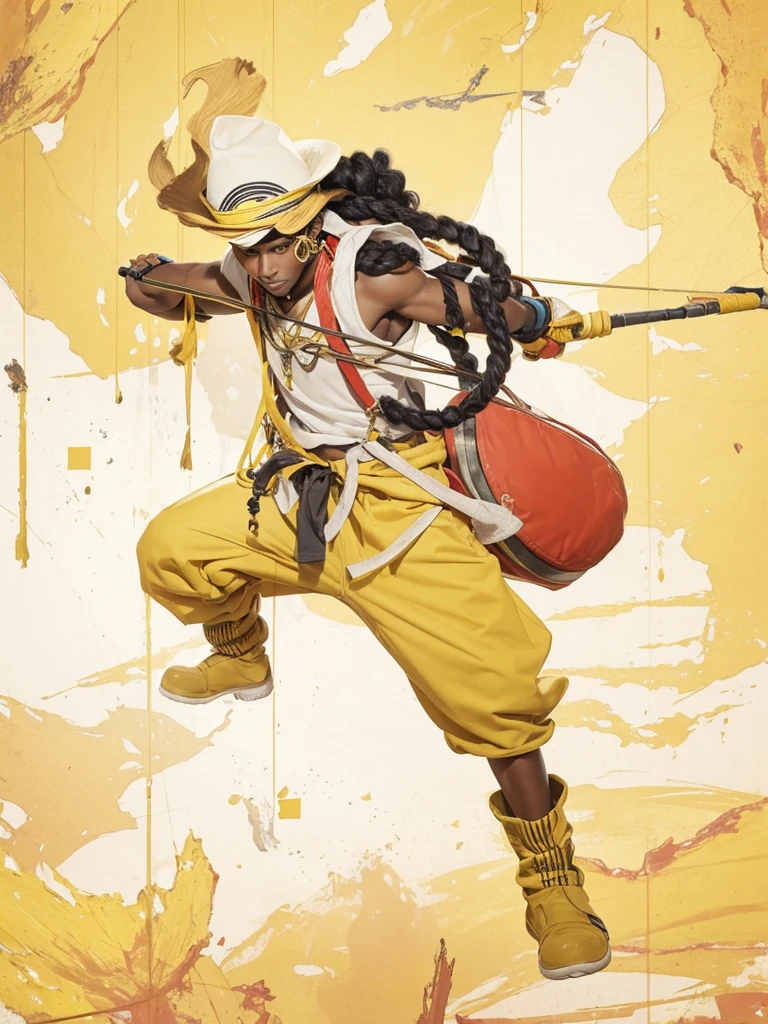 A dark-skinned boy with curly black hair, with yellow pants, holding a large slingshot in his hands, with hat on head.
