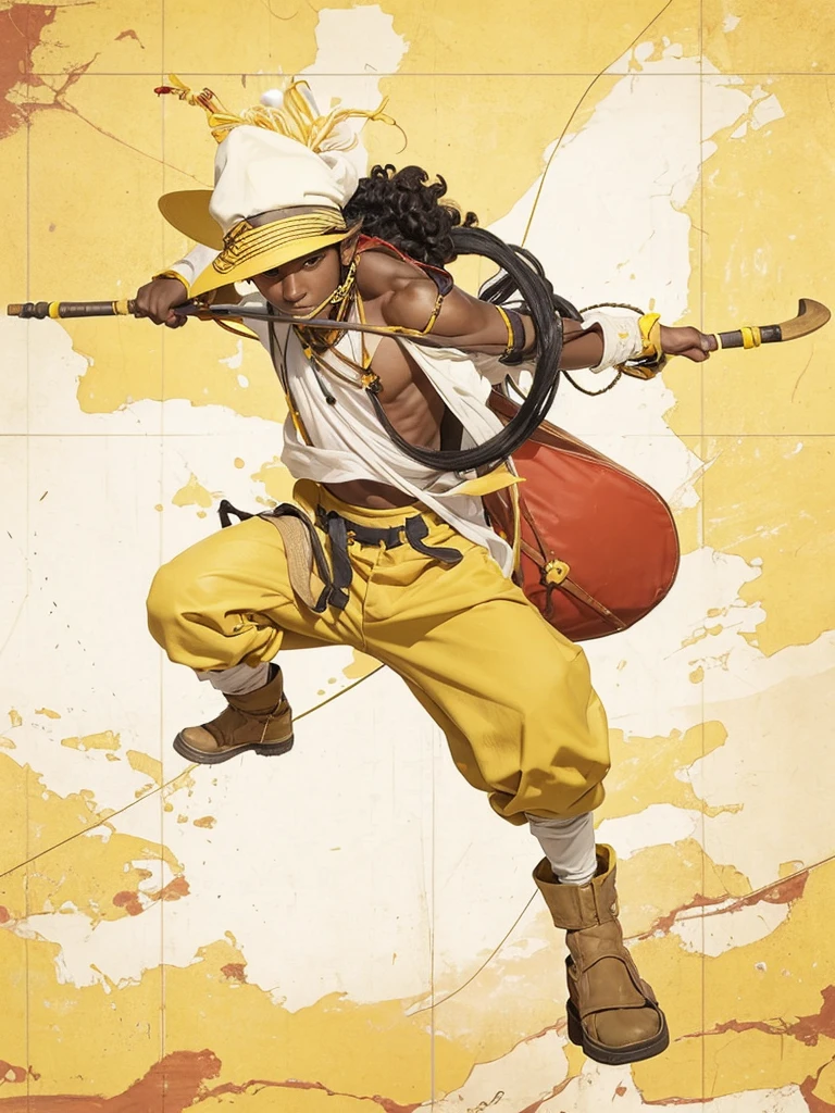 A dark-skinned boy with curly black hair, with yellow pants, holding a large slingshot in his hands, with hat on head.