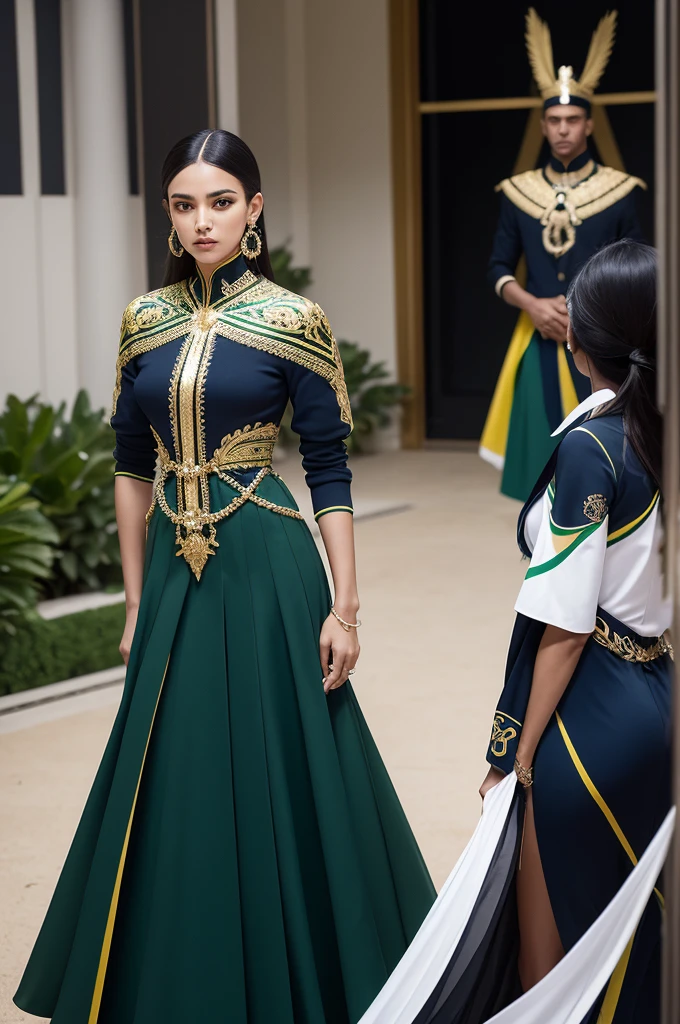 Brazilian delegation, Olympics sports, haute couture uniforms, Chanel, Givenchy, men, women sport uniforms, dark green, dark blue, elegant, vibrant, celebratory, multicultural, fashion-forward, ceremonial, refined cuts, Brazilian culture influence, elegant posture, dynamic composition, Rendas brasileiras.