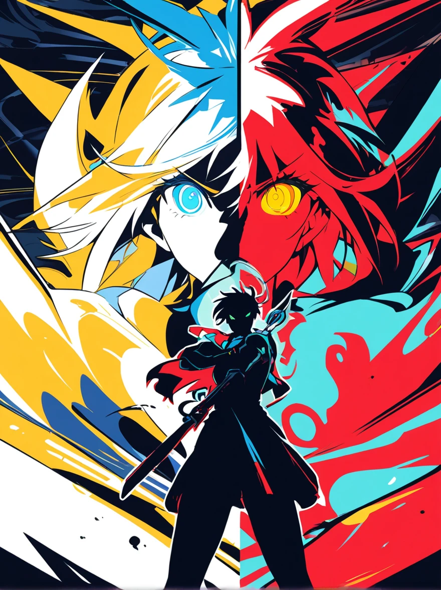 masterpiece,best quality,A Anime girl , dynamic poses, central figure silhouette. Digital illustration. Red, black, white color scheme. Dramatic composition, multiple character layers. Abstract background, swirling red patterns. Contrasting white lines, sharp angles. Central yellow star symbol. Glowing white eyes on foreground character. Manga-style shading, flat color areas. High contrast lighting. Artist: Gurren Lagann style, anniversary anthology cover art. Bold graphic design, symmetrical layout. Action-packed scene, energetic linework