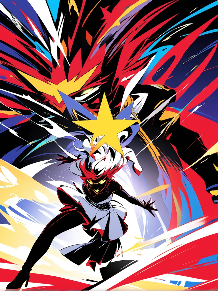 masterpiece,best quality,A Anime girl , dynamic poses, central figure silhouette. Digital illustration. Red, black, white color scheme. Dramatic composition, multiple character layers. Abstract background, swirling red patterns. Contrasting white lines, sharp angles. Central yellow star symbol. Glowing white eyes on foreground character. Manga-style shading, flat color areas. High contrast lighting. Artist: Gurren Lagann style, anniversary anthology cover art. Bold graphic design, symmetrical layout. Action-packed scene, energetic linework