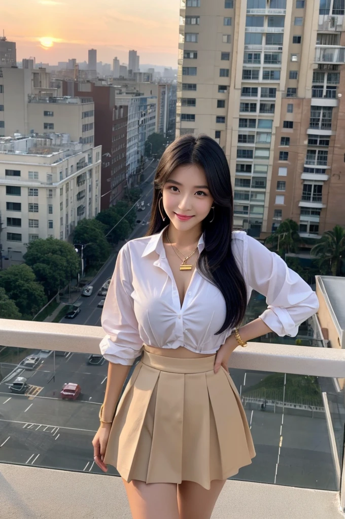 Rooftop of university building, 4th year university student, ((full body)), ((photo)), ((best qualtiy, 8K, tmasterpiece:1.3)), Focus:1.2, perfect figure beautiful girl:1.4, 1girl, cowboy shot, look at viewer, eyes facing the camera, incredibly absurd, beautiful and cute girl with a photorealistic face, showcasing top-quality craftsmanship, A Japanese girl watching the sunset on the roof of a university building, 19 years old, long, straight, silky black hair, fair skin, big eyes, thin eyebrows, double eyelids, long eyelashes, pink lips, smile, devilish smile, gorgeous features, well-defined facial features, beautiful face line, mysterious beauty, slender, tall, well-balanced proportions, large E-cup , white shirt, tight black skirt, beige pumps, gold necklace and bracelet, small earrings, elegant ring, pretty girl, beauty, devilish type, pretty older sister, passionate about art, sociable, friendly, positive, has leadership skills, is proactive, is flexible, gets things done efficiently, works hard towards dreams and goals, March