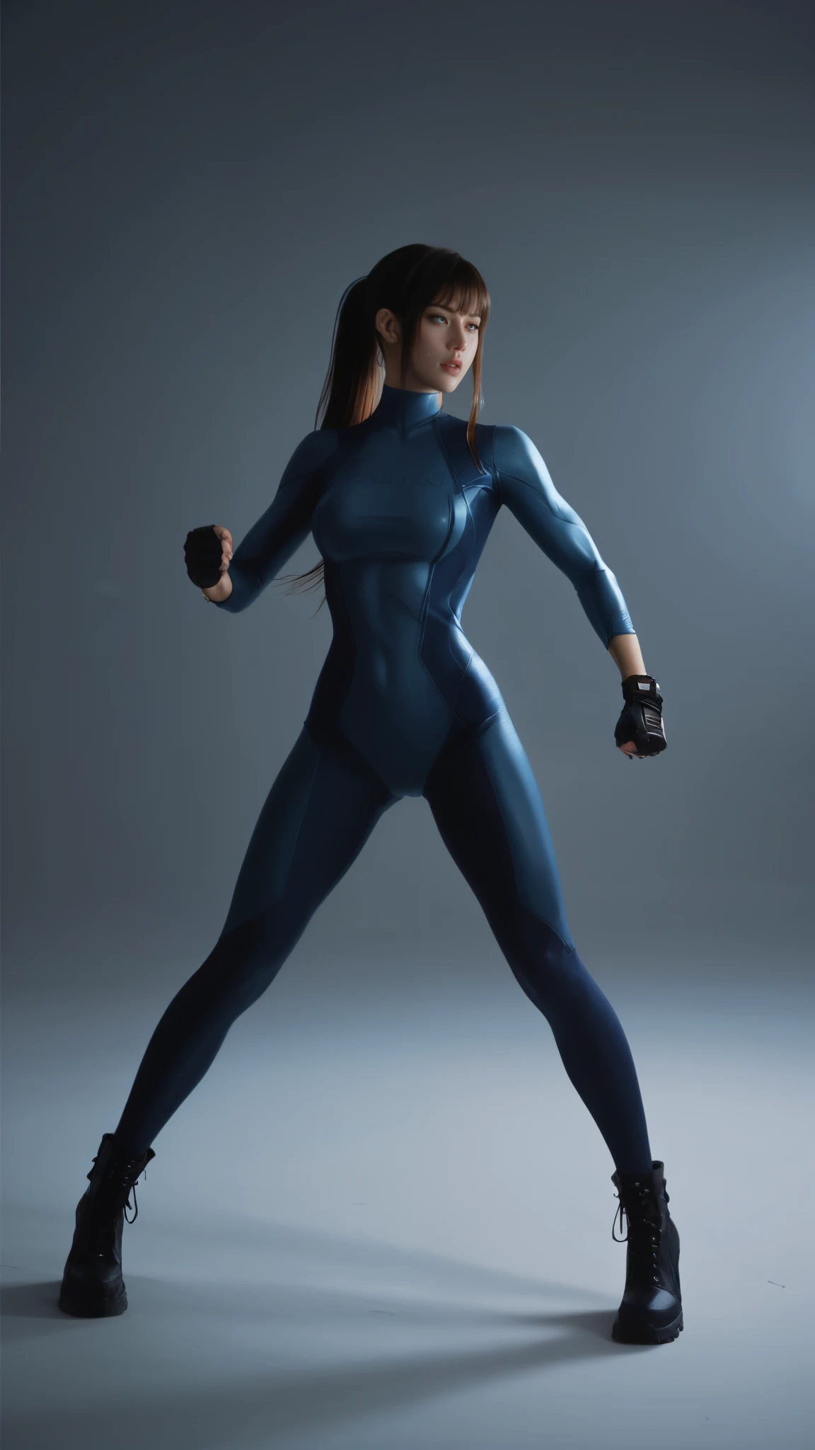 score_9, score_8_up, score_7_up, score_6_up, score_5_up, score_4_up, rating_explicit, source_anime, 1girl, older, battle, torn clothes,   long hair, ponytail, bangs, turtleneck, zero suit, bodysuit, skin tight, gloves, bracelet, muscular, ankle boots, sweat, breath, fighting stance, standing,