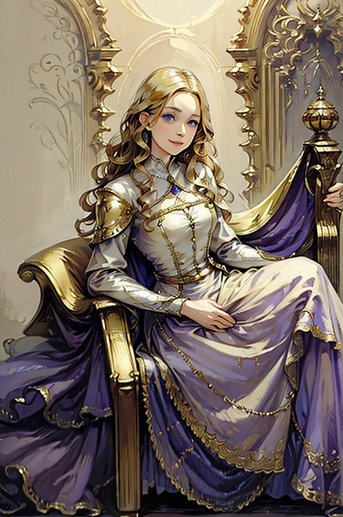 35 year old woman, with defined facial features, shy smile, clear skin, long curly hair, pale gold color, blue eyes, wearing a medieval purple nobility dress, sitting in a brown armchair, with hands in lap (detailed hands) classic painting