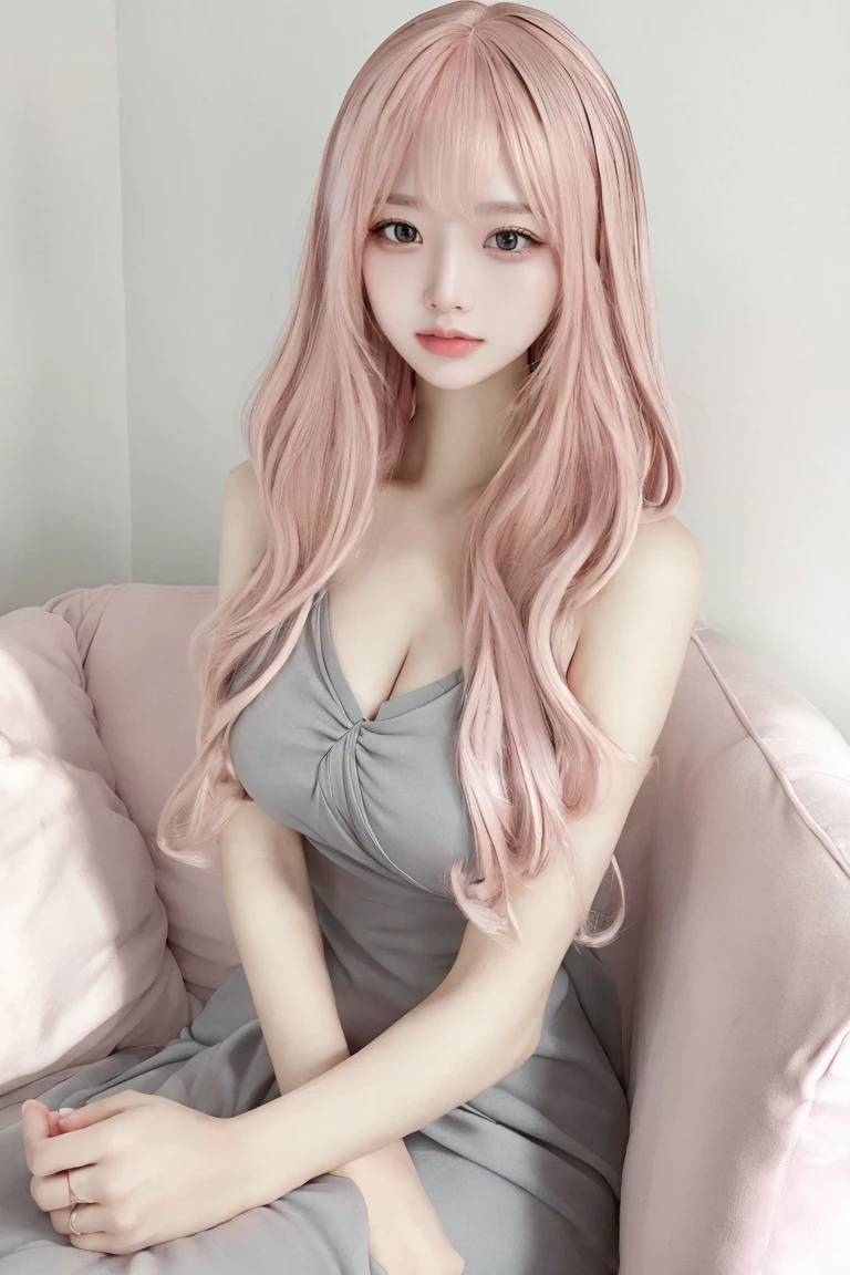 Cleavage:1.5、Full body image:1.2,(Pink Hair:1.5)、masterpiece、Highest quality、Extremely detailed 8K、Ultra HD、Very detailedな、Very detailed、Very realistic、Photo realistic、Japanese、One Girl、High head rate、Beautiful realistic face、Realistic face in every detail、High detail, Realistic Hair、Beautiful and realistic hairstyles、Beautiful and realistic eyes、hVery detailed realistic eyes、Proportional eyes、HVery detailed pupils、Very detailedリアルな自然な眉毛、Very detailedリアルな唇、 Beautiful and realistic lips、Pink lipstick、Sexy lips、Realistic and well-proportioned breasts、Realistic medium sized breasts、Slim Abs、Very detailed皮膚、(Tight grey night dress:1.2)、Sitting on a fluffy sofa、Condescending smile、From above、Cute room for female college students