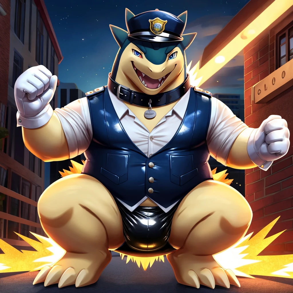 Solo, Male, fat, squatting, extremely obese, gentleman, dapper Typhlosion, pooping in diaper, blue eyes, (soft shading), 4k, hi res, ((detailed face, detailed)), looking at viewer, evil grin, police station, collared shirt with buttons, hat, male focus, Police Uniform, glasses, monocle, vest with buttons, sleeves rolled up, round eyewear, headwear, vest, Typhlosion is wearing a glossy leather dog collar around the neck, Typhlosion is wearing the leather collar and shirt and vest at the same time, Typhlosion is wearing glossy white rubber gloves on the hands, wearing white rubber gloves on the feet, gloves are rubber in texture, mouth wide open, evil laugh, clenching fists, leather collar is glossy and shiny with a lot of detail, Typhlosion is wearing gloves and leather collar at the same time, leather collar has a round dog-tag, leather collar is thick and detailed, white rubber gloves on the feet, Typhlosion is wearing gloves and leather collar at the same time, leather collar has a round dog-tag, leather collar is thick and detailed, leather collar is glossy and shiny, fancy clothing, dapper vest, dapper shirt, leather collar is thick, glossy leather collar, Typhlosion is wearing a dirty diaper