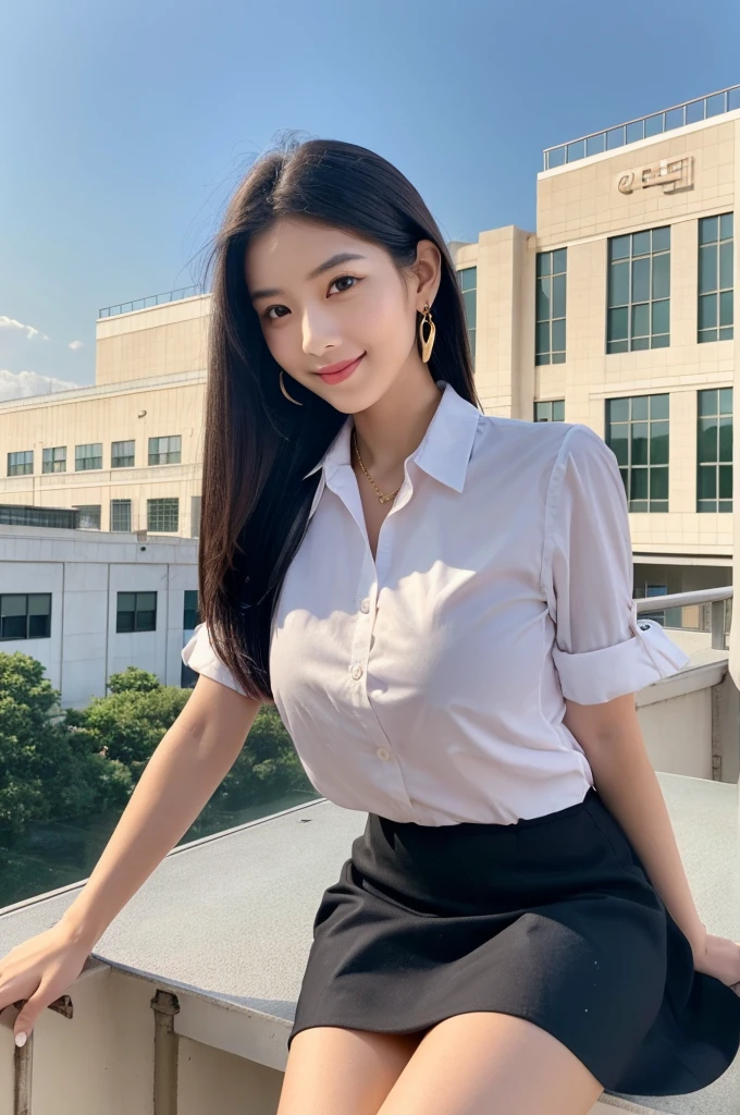 Rooftop of university building, 4th year university student, ((full body)), ((photo)), ((best qualtiy, 8K, tmasterpiece:1.3)), Focus:1.2, perfect figure beautiful girl:1.4, 1girl, cowboy shot, look at viewer, eyes facing the camera, incredibly absurd, beautiful and cute girl with a photorealistic face, showcasing top-quality craftsmanship, A Japanese girl watching the sunset on the roof of a university building, 19 years old, long, straight, silky black hair, fair skin, big eyes, thin eyebrows, double eyelids, long eyelashes, pink lips, smile, devilish smile, gorgeous features, well-defined facial features, beautiful face line, mysterious beauty, slender, tall, well-balanced proportions, large E-cup breasts, white shirt, tight black skirt, beige pumps, gold necklace and bracelet, small earrings, elegant ring, pretty girl, beauty, devilish type, pretty older sister, passionate about art, sociable, friendly, positive, has leadership skills, is proactive, is flexible, gets things done efficiently, works hard towards dreams and goals, March