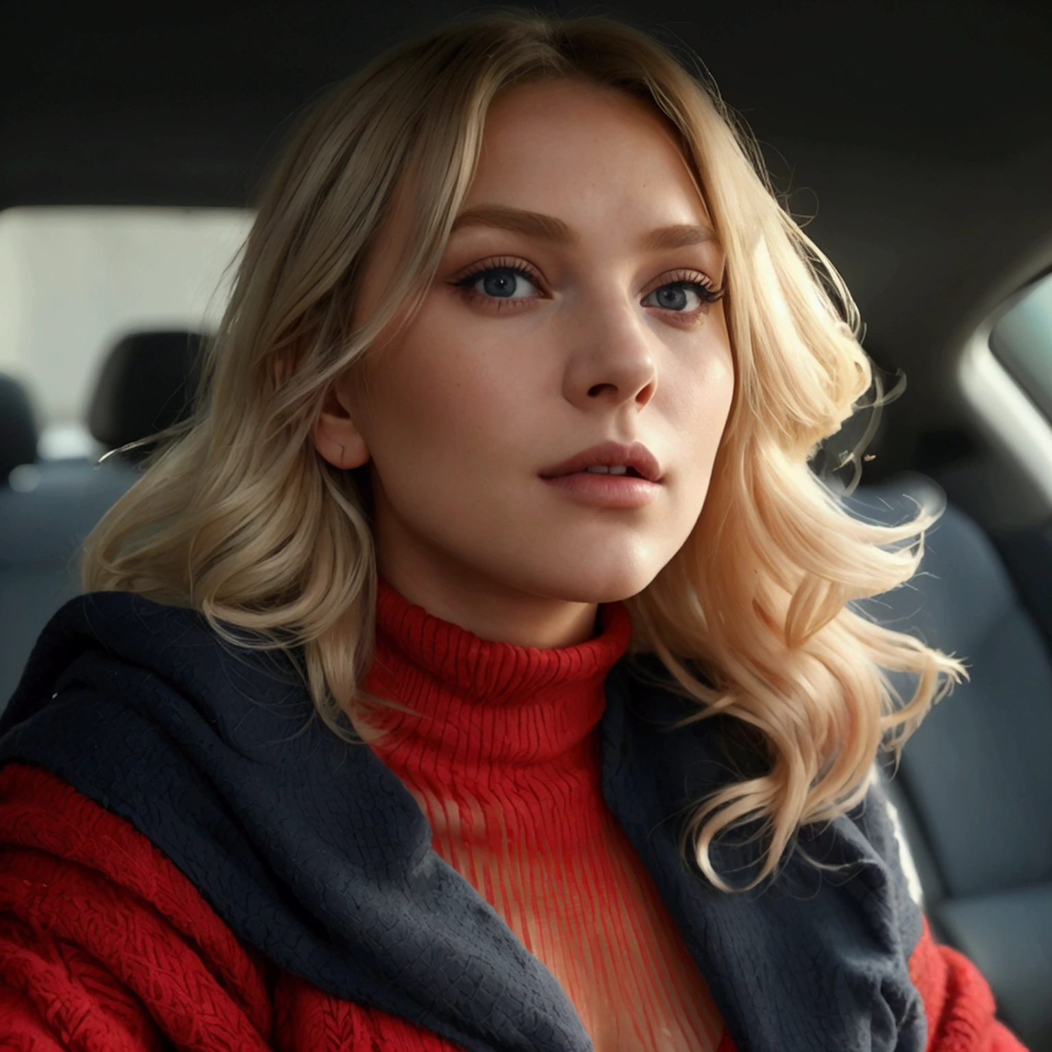 une fille sexy blonde avec de longs cheveux, de gros seins naturelles, habillée d'une robe rouge et d'un pull rose, conduit une peugeot 308 II bleu des années 2020, ultra high res.photorealistic:.1.4,UHD