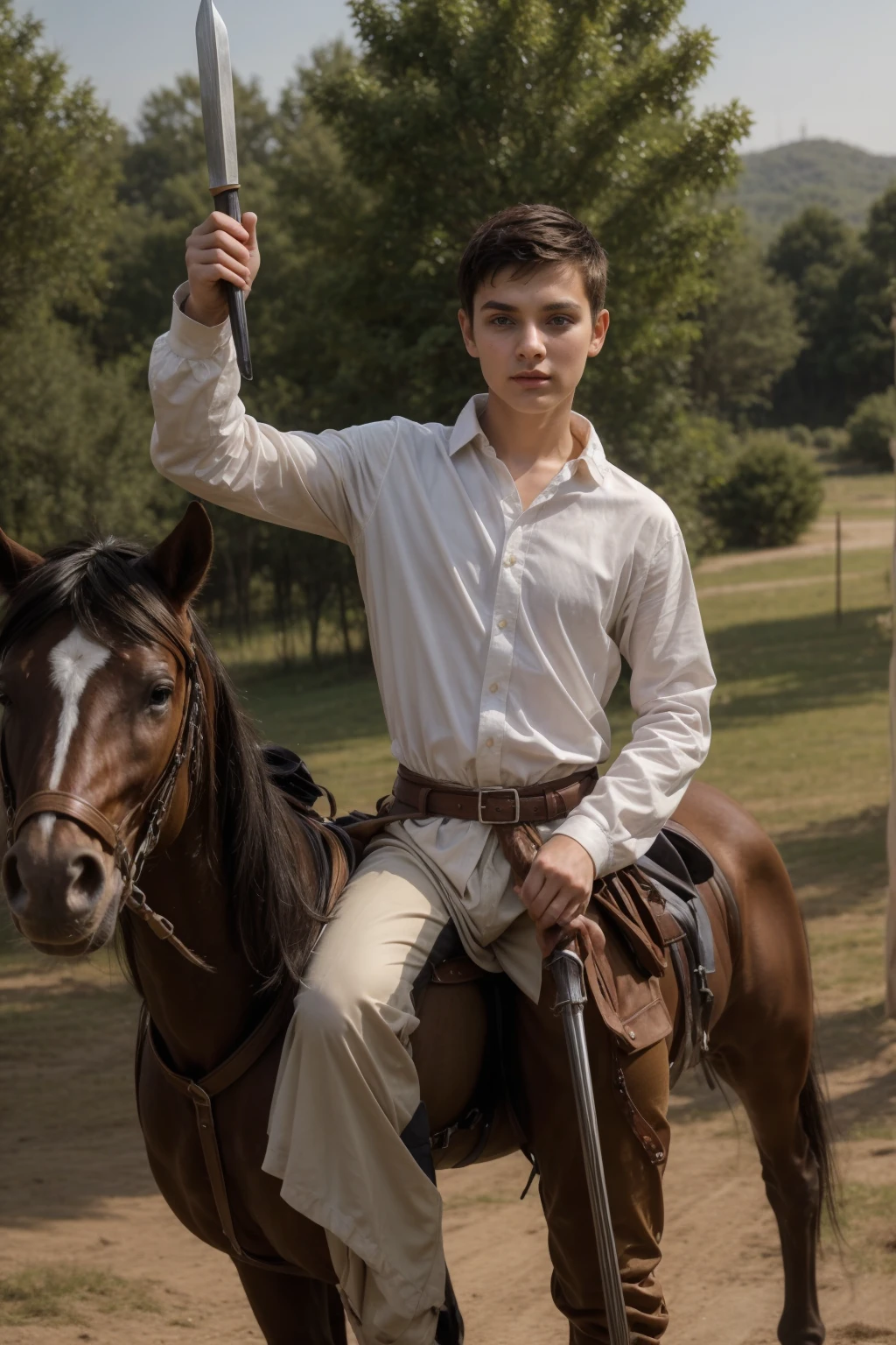 A cute twink male with a face with make-up and black hair. He is wearing a long-sleeved white shirt and brown pants. He is riding a horse and is on the battlefield fighting against the army. He has a sword, shield and arrows in his hand.