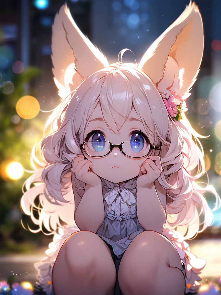 (Sumilux f1.4 75mm , low Latitude old color negative film , cross process , bokeh, flare, chromatic aberration , soft focus, (Shallow focus) , soft glow , Maximum aperture, High Key , Transparent depiction) , realistic female raccoon dog , butter face , two apart melons , Thick-rimmed glasses , in the steamy bathroom , erotica , Kneeling and looking up to the sky , looking away , hands up , Lacey underwear