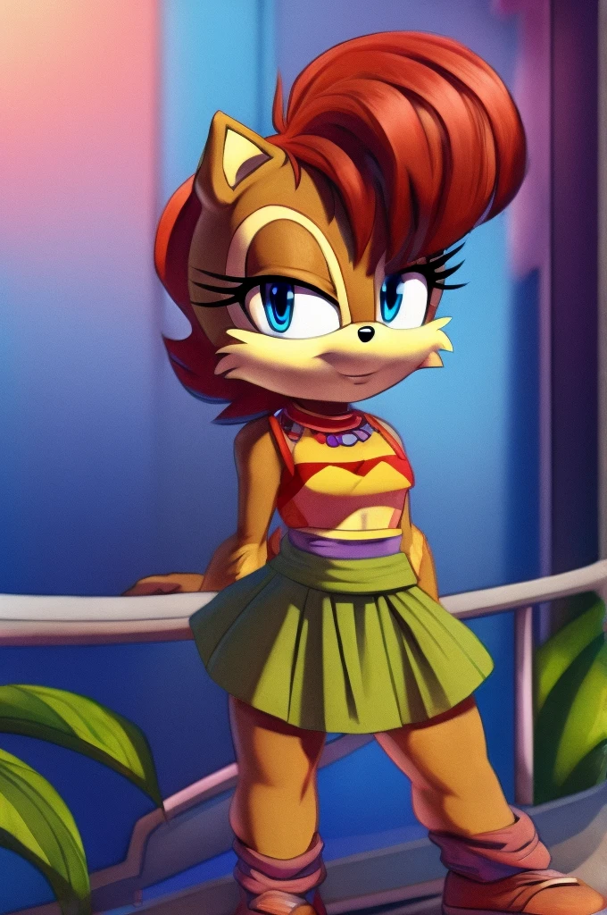 sonic (series), 1girl, anthro chipmunk girl, female mobian, mobian, blunt bangs, short auburn hair, blue eyes, (brown fur:1.3), aztec clothes, aztec skirt, jungle biome, aztec piramid, outline, Intricate Details, Masterpiece, Best Quality, High Quality, Studio Quality, Best Detail, Perfect Detail, Refine Detail, Sally Acorn, 