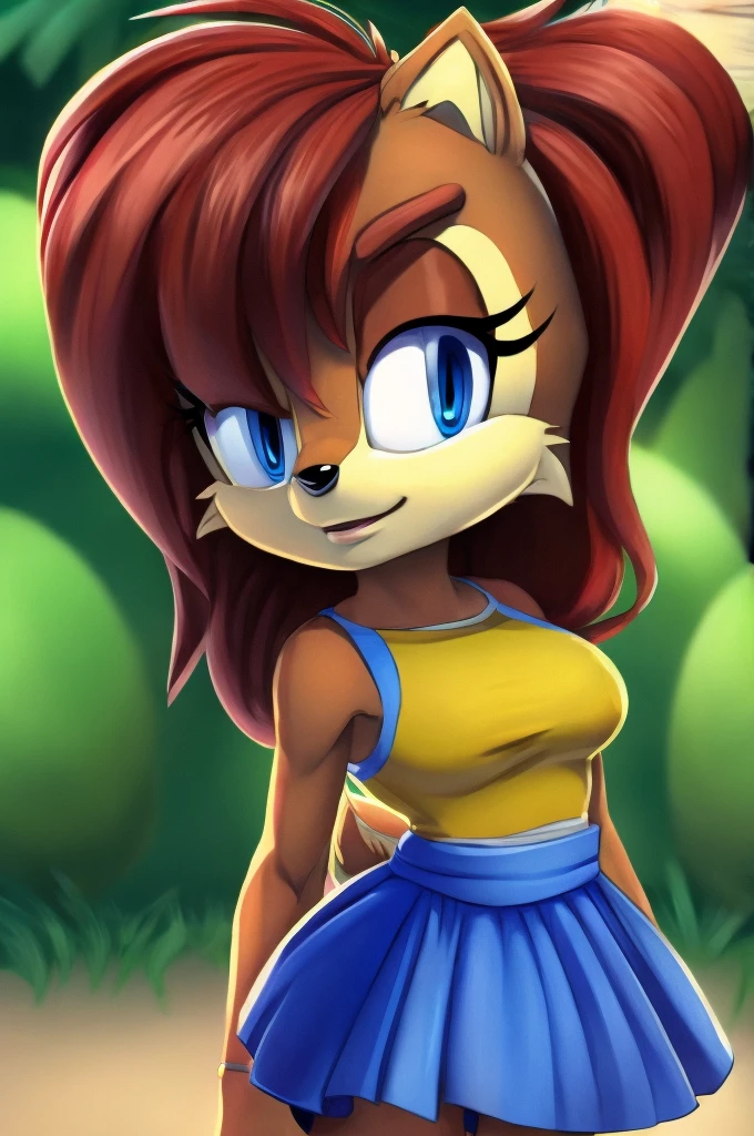 sonic (series), 1girl, anthro chipmunk girl, female mobian, mobian, blunt bangs, short auburn hair, blue eyes, (brown fur:1.3), aztec clothes, aztec skirt, jungle biome, aztec piramid, outline, Intricate Details, Masterpiece, Best Quality, High Quality, Studio Quality, Best Detail, Perfect Detail, Refine Detail, Sally Acorn, 