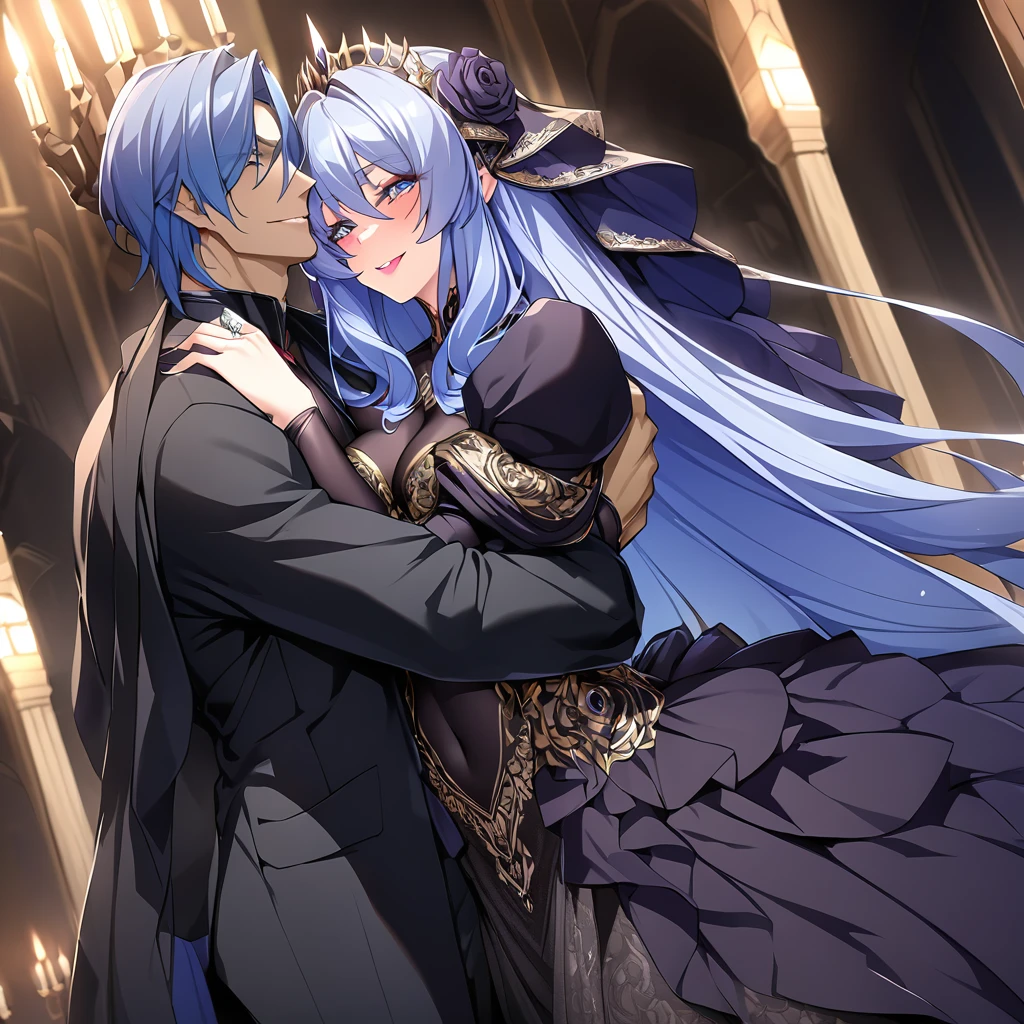 ((Highest quality)), ((masterpiece)), (detailed), (Perfect Face)、The woman is the evil queen, Extia, with medium-long blue hair, wearing a gorgeous black wedding dress with gold embroidery and trim, a black wedding veil, an engagement ring, gorgeous accessories, lipstick and makeup, and is an elegant and beautiful evil queen who is embracing a man with a big, happy smile on her face.、、The man is the evil king, Naioro, a strong, handsome man with medium-long silver hair, wearing a luxurious black bodysuit with gold embroidery and trim, and embracing a woman.、The woman is happily getting married in a posh church belonging to an evil organization.