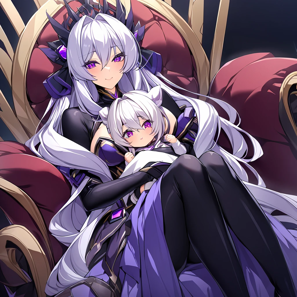 ((Highest quality)), ((masterpiece)), (detailed), (Perfect Face)、The woman is the evil queen Dark Extia, holding a baby, an evil transforming heroine, with medium-long silver hair, wearing a gorgeous evil queen dress with gold embroidery and trim, gorgeous accessories, an engagement ring, and a happy expression as she snuggles up to the man.、The man is the evil king, Naioro, a handsome man with medium-long silver hair, wearing a black bodysuit and embracing a woman.、A man and a woman are sitting close together on a luxurious throne、A man and a woman are a deeply loving couple