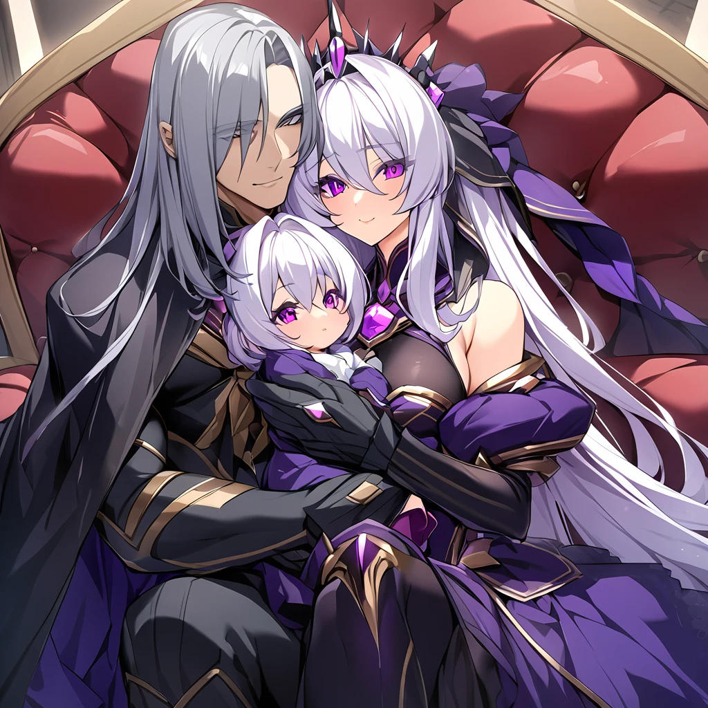 ((Highest quality)), ((masterpiece)), (detailed), (Perfect Face)、The woman is the evil queen Dark Extia, holding a baby, an evil transforming heroine, with medium-long silver hair, wearing a gorgeous evil queen dress with gold embroidery and trim, gorgeous accessories, an engagement ring, and a happy expression as she snuggles up to the man.、The man is the evil king, Naioro, a handsome man with medium-long silver hair, wearing a black bodysuit and embracing a woman.、A man and a woman are sitting close together on a luxurious throne、A man and a woman are a deeply loving couple