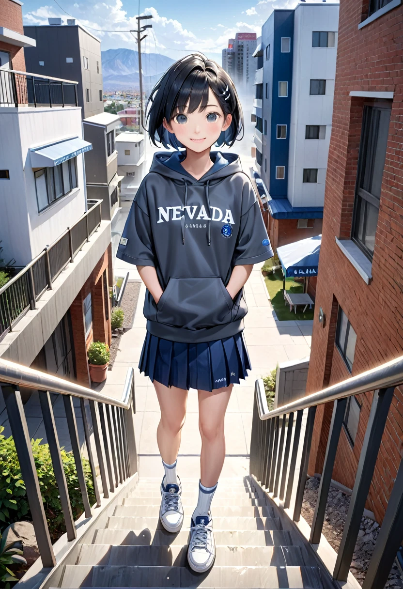 (8K, best quality, master piece: 1.2),Ultra High Resolution,1 girl,11yo,ultra-detailed face, detailed eyes,Tsurime Eyes,(smirk),dark gray short sleeve Hip Length hoodie(dark gray:1.4), (Written on hoodie text:"NEVADA":1.5),navy pleated skirt,white socks,sneakers,full body,black hair,short hair,rim light,(standing straight on the stairs of the apartment complex),スラム街
