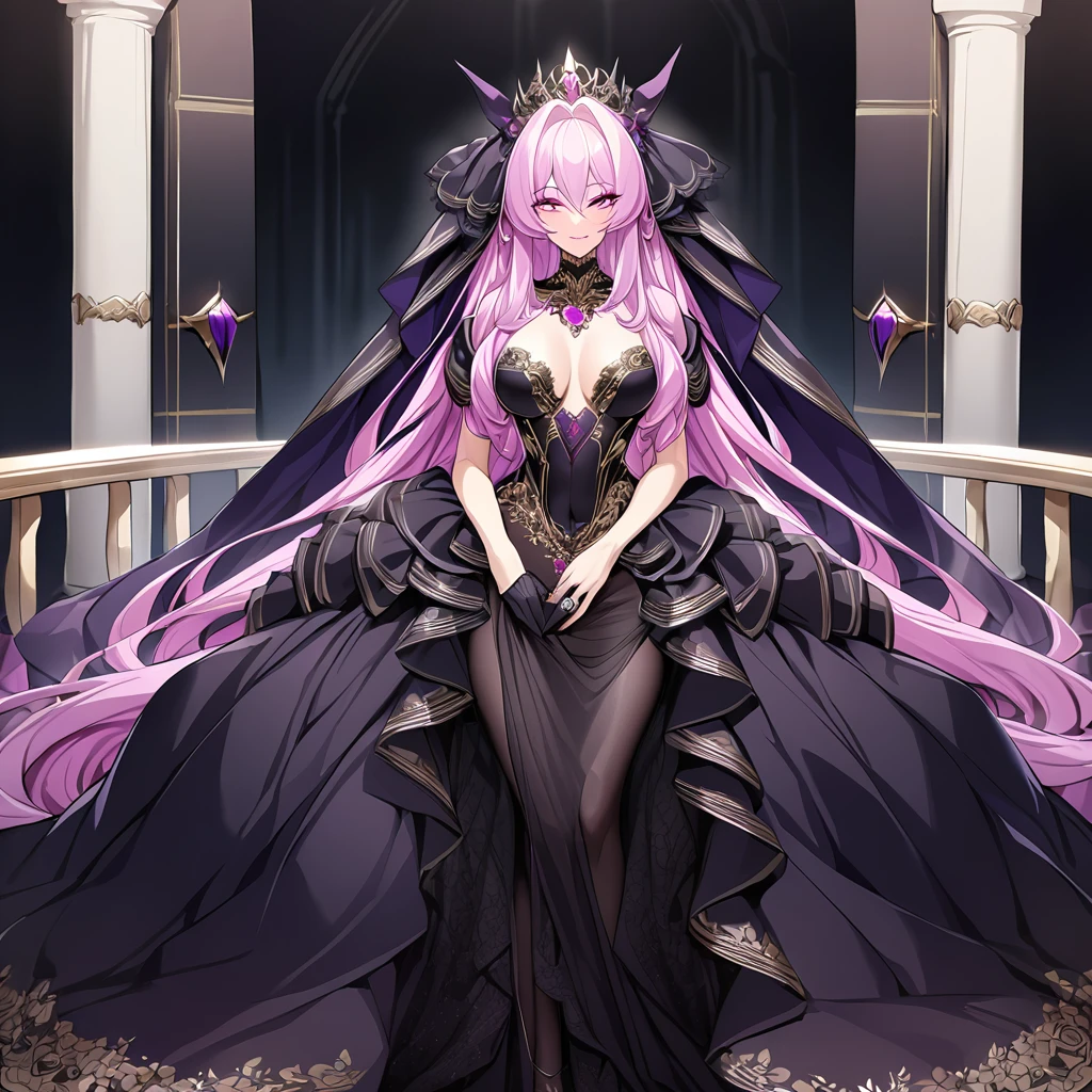 ((Highest quality)), ((masterpiece)), (detailed), （Perfect Face）、The woman is the evil queen Luxria, with medium-long pink hair, a gorgeous black wedding dress with gold embroidery and trim, a black wedding veil, an engagement ring, gorgeous accessories, lipstick and makeup, and a dignified, beautiful evil queen.、The woman is happily getting married in a posh church belonging to an evil organization.