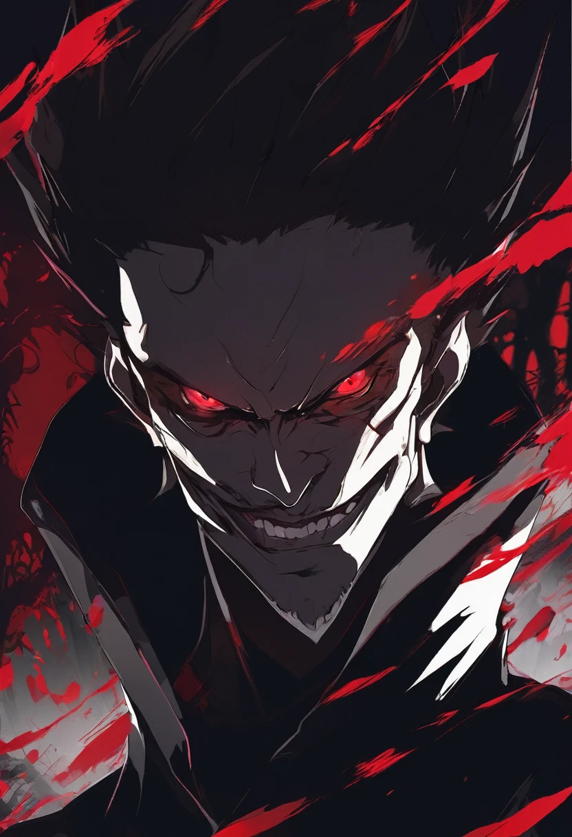 an evil looking man, with a scary smile and intense red eyes. The background should be dark and gloomy, a mysterious and unsettling atmosphere that aligns with the phonk style."