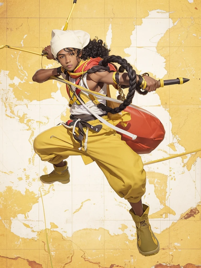 A dark-skinned boy with curly black hair, with yellow pants, holding a large slingshot in his hands, with hat on head.