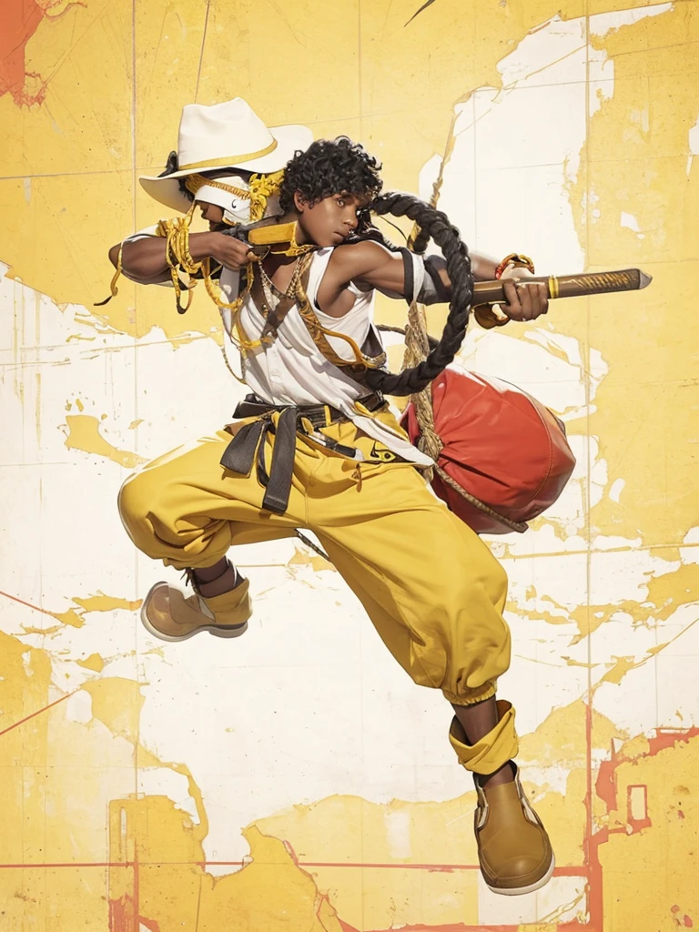 A dark-skinned boy with curly black hair, with yellow pants, holding a large slingshot in his hands, with hat on head.
