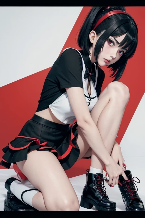 a close up of a person in a short skirt and a top, anime woman fullbody art, anime character; full body art, full body adoptable, anime full body illustration, red black and white, red and black and white, anime character, anime style character, anime inspired, 1 7 - year - old anime goth girl, !!full body portrait!!