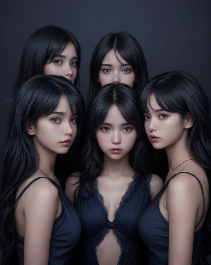 silhouette of three women standing, without being able to see them, apenas um dark blue background (Line contour), dark blue background, ((hight contrast)), front viewer, cute (( as an idol)) pose like models