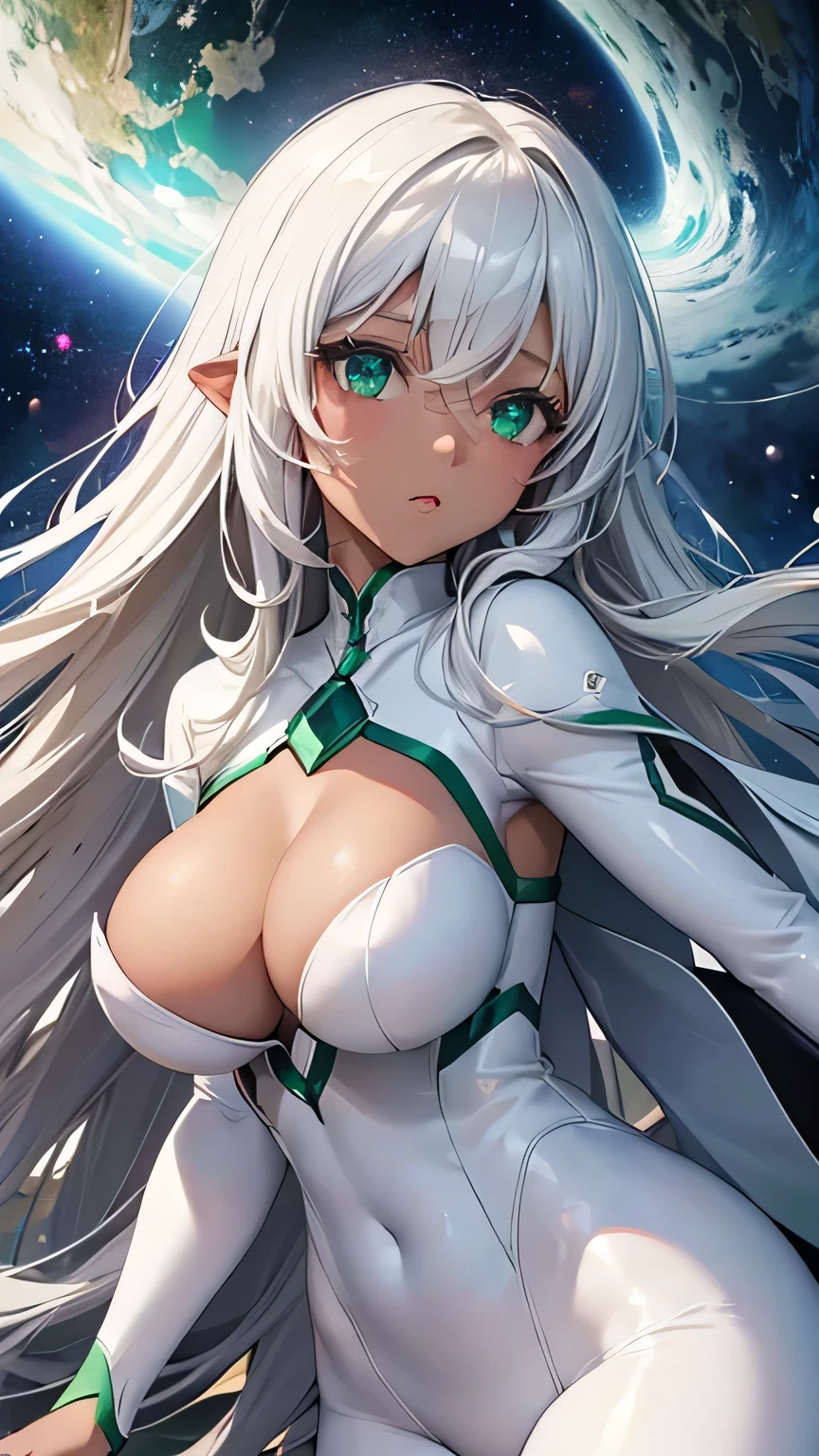 highest quality、Realistic、girl、zoom、Emerald green eyes、Long white curly hair、White Hero Suit、Glossy bodysuit、White Cape、Brown black skin、slender、Dark Skin、Large Breasts、Bust Shot、From below、universe space