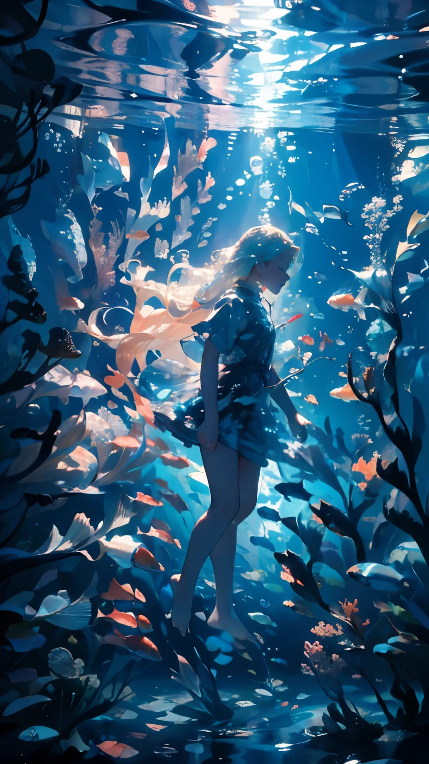 (masterpiece)、(Highest quality)、Very detailed、Perfect Face、(Solo full body shot:1.3)、(Underwater:1.4)、Ocean、Coral Reef、Light、bubble、jellyfish、Oceanの藻、(深Ocean:1.4)、Fantasy、Ocean底、Floating objects、Blonde、Long Hair、Swinging Hair