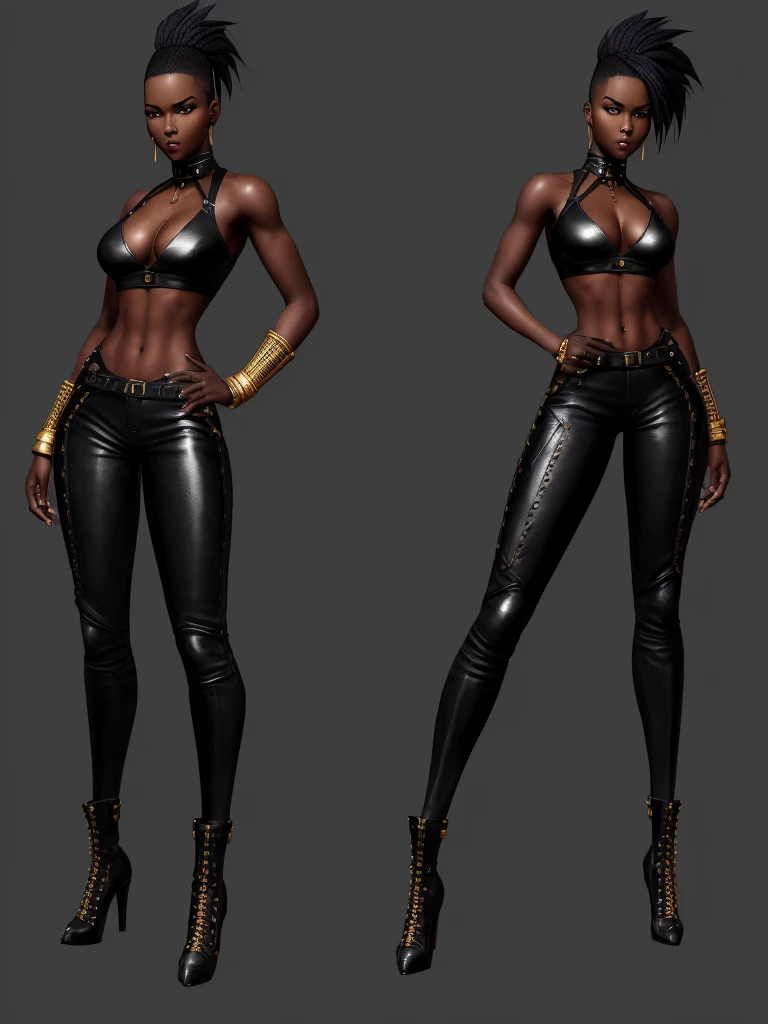 ((best quality)), ((4k)), ((highres)), ((masterpiece:1.2)). ((detailed)), ((ultra realistic)), ((intricate details)), ((full body picture)), ((solo character)), a full body picture of a beautifull Ebony skinned female, black woman, dark skin, perfect face, detailed eyes, detailed lips, about 25 years old, about 5'5 ft. tall, punk black woman, punk style, punk styled hair, side shaved hair ((emphasis on her side shaved hair)), muscular body, hourglass body type, dressed in a golden top and black leather pants, high heels, fighting game character concept art, tekken character design, the king of fighters character concept, full bofy, full body concept art, full body art, punk woman concept art