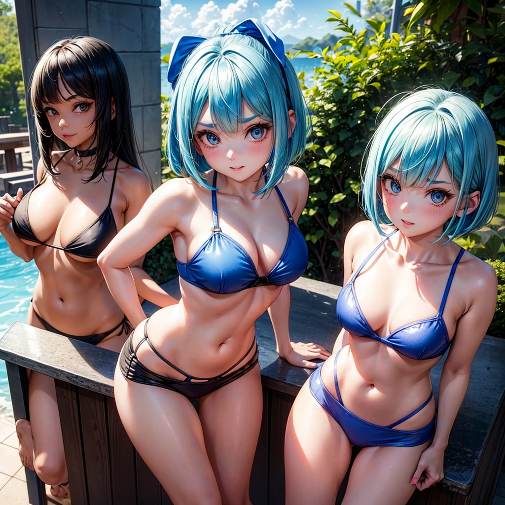 Chica1:BULMA、mischievous look,blue fur,bob cut,informal、Besos con la girl 2、stare、 ilo bikini clothing, Now、
girl 2:He saw, mischievous look,long black hair,informal。Kisses with girl 1、ilo bikini clothing, Now