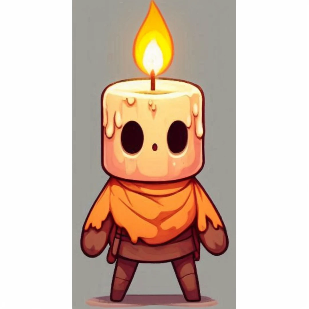 A candle stick miner with no legs, sits on a floating candle holder, melting wax is like hair